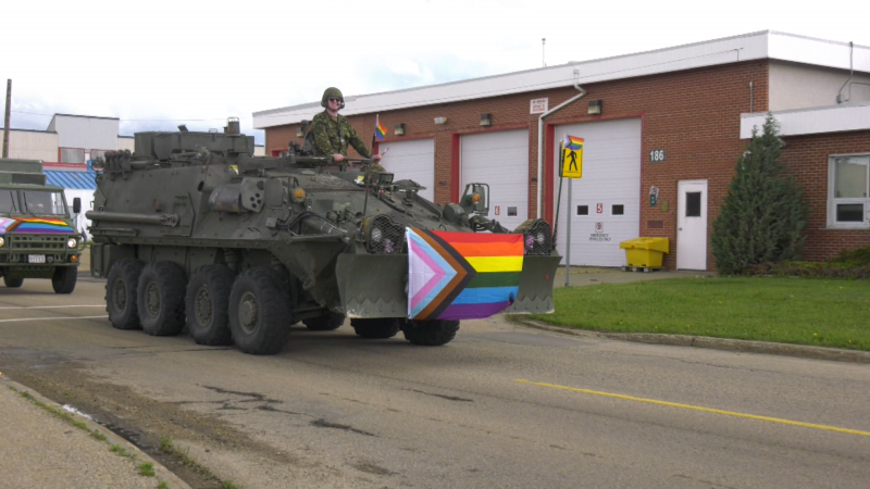 A military vehicle takes part in the Pride parade at Canadian Forces Base (CFB) Edmonton on Friday, June 24, 2022 (CTV News Edmonton/Jessica Robb).