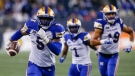Winnipeg Blue Bombers' Willie Jefferson (5) runs in his interception for the touchdown against the Hamilton Tiger-Cats during the second half of CFL action in Winnipeg, Friday, June 24, 2022. THE CANADIAN PRESS/John Woods
