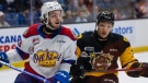 Jaxsen Wiebe (43) of the Edmonton Oil Kings and Noah Van Vliet (3) of the Hamilton Bulldogs during the first period of the Round Robin game 5 of the 2022 Memorial Cup (Oil Kings/CHL/Vincent Ethier).