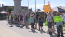 Housing advocates rallied in downtown Barrie, calling for more emergency shelter funding on Sat, June 25, 2022 (Catalina Gillies/CTV News Barrie).