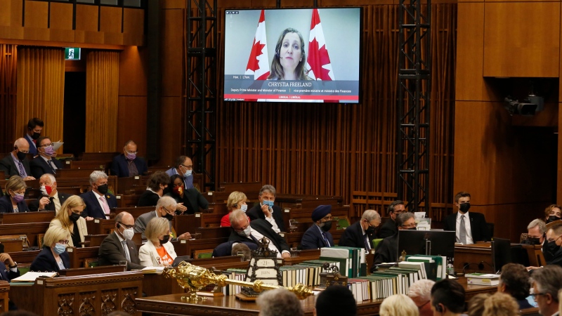 Deputy Prime Minister and Minister of Finance Chrystia Freeland rises virtually during Question Period in the House of Commons on Parliament Hill in Ottawa on Tuesday, June 21, 2022. THE CANADIAN PRESS/ Patrick Doyle