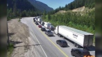 A DriveBC web cam shows traffic backed up on Highway 1 west of Revelstoke Sunday as a result of the crash. (DriveBC)