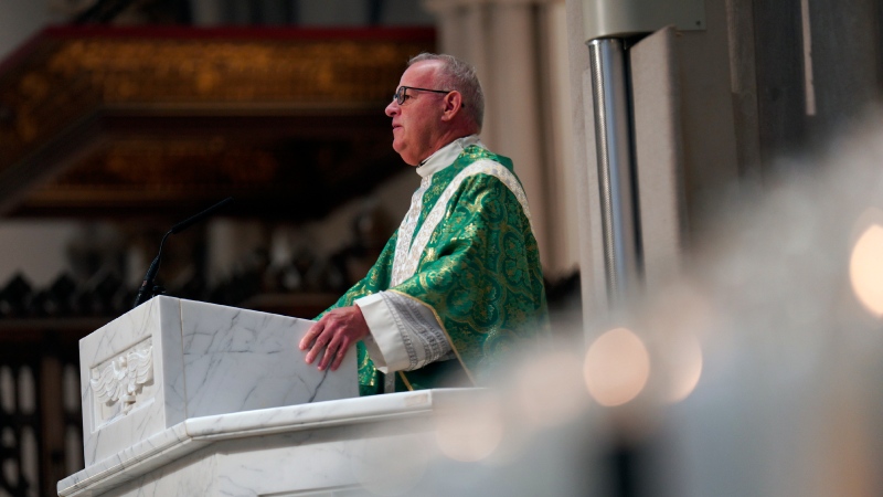 The Very Rev. Kris Stubna, rector of St. Paul Cathedral Parish, preaches on the topic of abortion after the recent Supreme Court decision to overturn Roe v. Wade during Mass at St. Paul Catholic Cathedral in Pittsburgh on Sunday, June 26, 2022. (AP Photo/Jessie Wardarski)