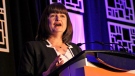 MLA for Regina Lakeview Carla Beck speaks at the Saskatchewan NDP leadership convention on June 26. 2022. (Brendan Ellis/CTV News)