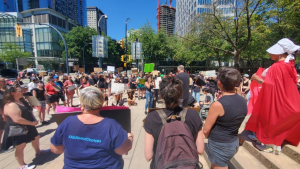 Dozens gathered in downtown Vancouver on Sunday, June 26 to protest the U.S. Supreme Court's decision to overturn Roe v. Wade. 