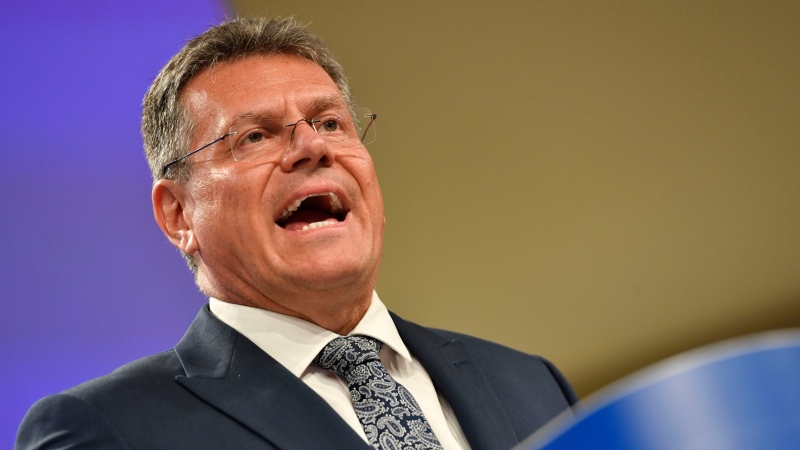 European Commissioner for Inter-institutional Relations and Foresight Maros Sefcovic speaks during a media conference at EU headquarters in Brussels, Wednesday, June 15, 2022. (AP Photo/Geert Vanden Wijngaert)
