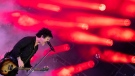 Green Day frontman Billie Joe Armstrong performs on stage with his band at the open-air festival "Rock im Park," one of the biggest music festivals in Bavaria, in Nuremberg, Germany, Saturday, June 4, 2022. (Daniel Karmann/dpa via AP)