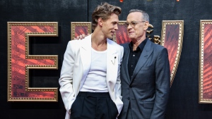 Austin Butler, left, and Tom Hanks pose for photographers upon arrival for the premiere of the film 'Elvis' in London Tuesday, May 31, 2022. (Photo by Vianney Le Caer/Invision/AP)