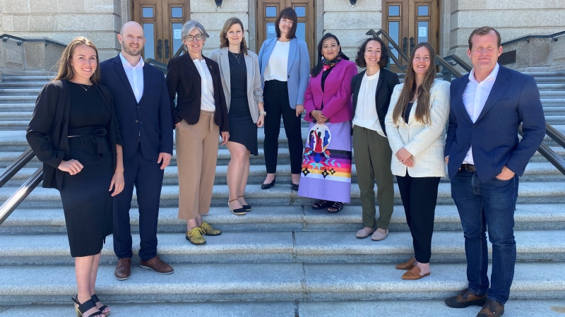 The Saskatchewan NDP Caucus. Newly minted leader Carla Beck (centre) gave met with media Monday and spoke about the party's plan going forward. (Gareth Dillistone/CTV News)