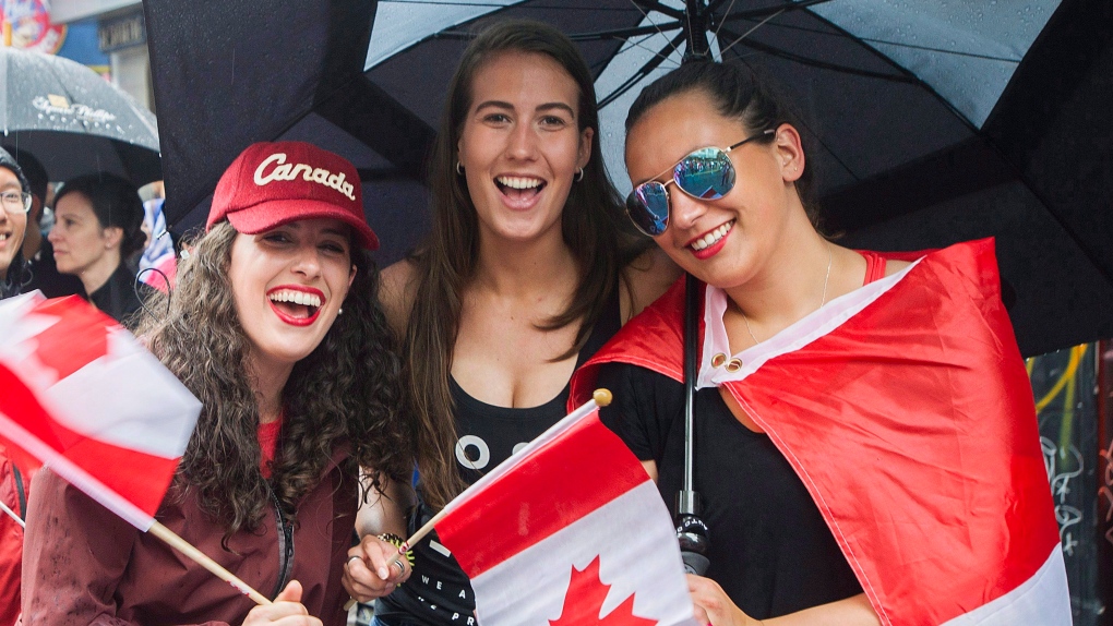 A group of women celebrate Canada Day in Montreal