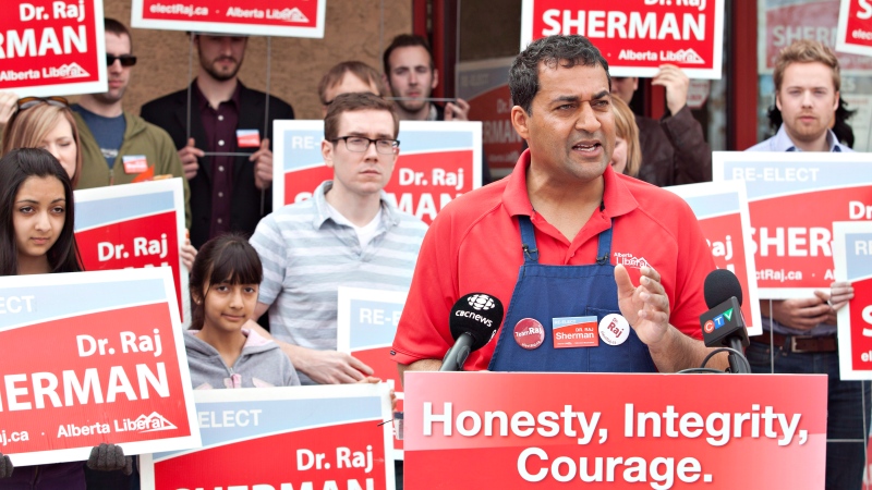 Alberta Liberal Leader Raj Sherman speaks during a press conference held at a barbecue for supporters in Edmonton, Sunday, April 22, 2012. THE CANADIAN PRESS/Jason Franson.