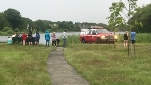 People gather near Maynard Lake in Dartmouth, N.S., as crews search for a missing swimmer on June 27, 2022. (Jim Kvammen/CTV)