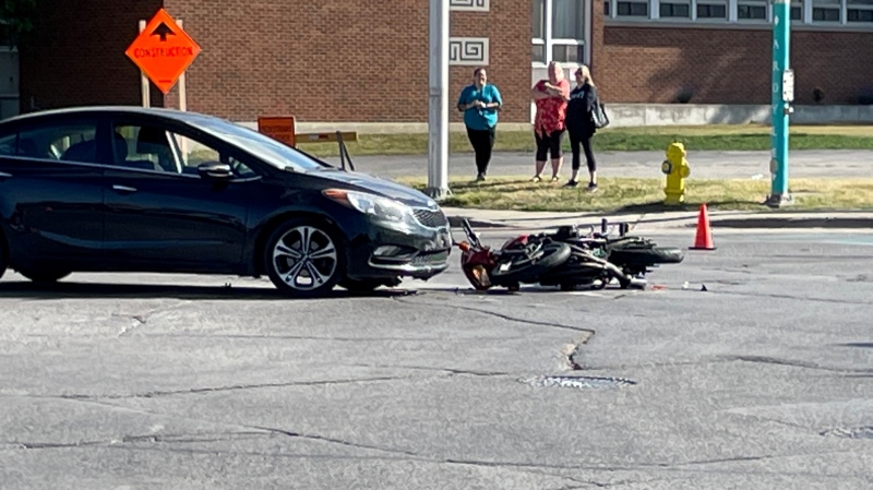 A crash involving a car and a motorcycle at the intersection of Dundas Street and Highbury Avenue on June 28, 2022. (Sean Irvine/CTV News London)