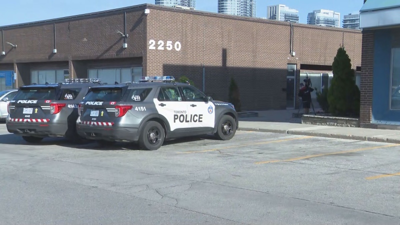 Police cruisers are shown at the scene of a commercial robbery investigation in Scarborough on Tuesday morning. 