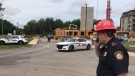 Police and firefighters respond to a partial building collapse in Moncton, N.B., on June 28, 2022. (Derek Haggett/CTV Atlantic)