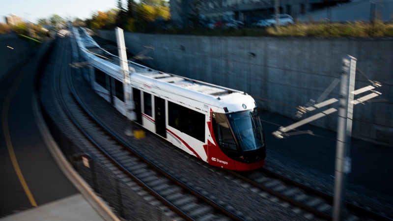 An LRT train on OC Transpo's O-Train Confederation Line departs Lees Station in Ottawa, on Friday, Oct. 11, 2019. (Justin Tang/THE CANADIAN PRESS)