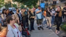 Dozens of tenants facing eviction for having an AC unit in their apartment gathered outside 130 Jameson Ave. on Tuesday, June 28. (Parkdale Organize/Twitter photo)