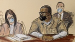In this courtroom sketch, R. Kelly and his attorney Jennifer Bonjean, left, appear during his sentencing hearing in federal court, Wednesday, June 29, 2022, in New York. The former R&B superstar was convicted of racketeering and other crimes. (AP Photo/Elizabeth Williams)
