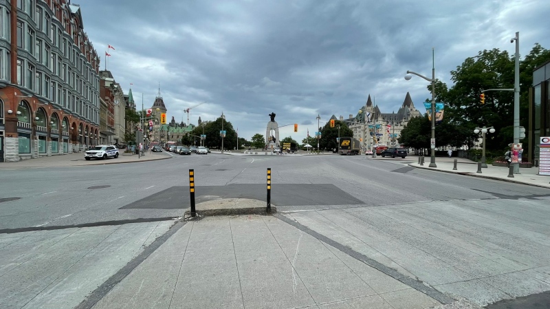 Ottawa police cruisers parked near the National War Memorial on Thursday. (Josh Pringle/CTV News Ottawa)