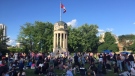 A crowd at the Kitchener clock tower gathers for an abortion rights rally on June 29, 2022.