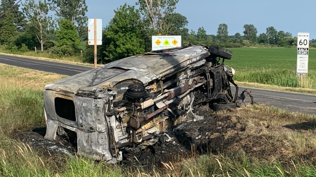 Four people were taken to the hospital with non-life-threatening injuries after a two-vehicle collision in Elgin, County, Ont. on Wednesday, June 29, 2022. (Bryan Bicknell/CTV News Windsor)