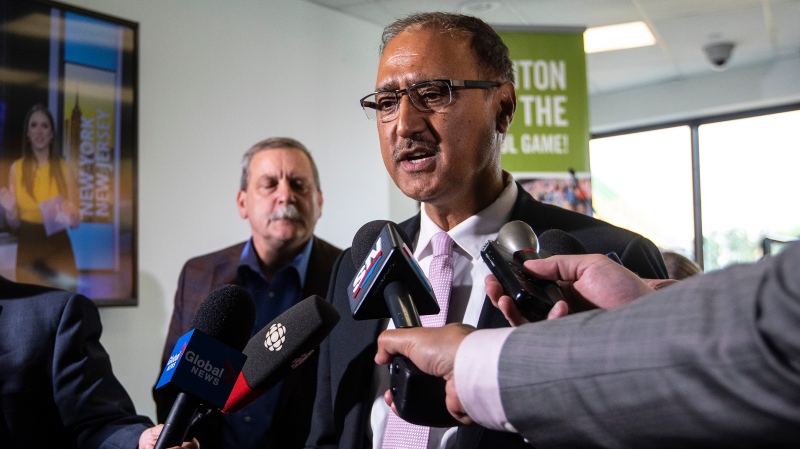 Mayor Amarjeet Sohi speaks about the FIFA announcement that Edmonton will not host World Cup 2026, in Edmonton, Alta., on Thursday June 16, 2022. THE CANADIAN PRESS/Jason Franson