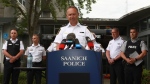 Saanich Police Chief Constable Dean Duthie provides an update about the shootout between two robbery suspects and police yesterday leaving the suspects deceased and six members of the Greater Victoria Emergency Response Team in hospital as he answers questions about the incident during a press conference at the Saanich Police department in Saanich, B.C., on Wednesday, June 29, 2022 THE CANADIAN PRESS/Chad Hipolito