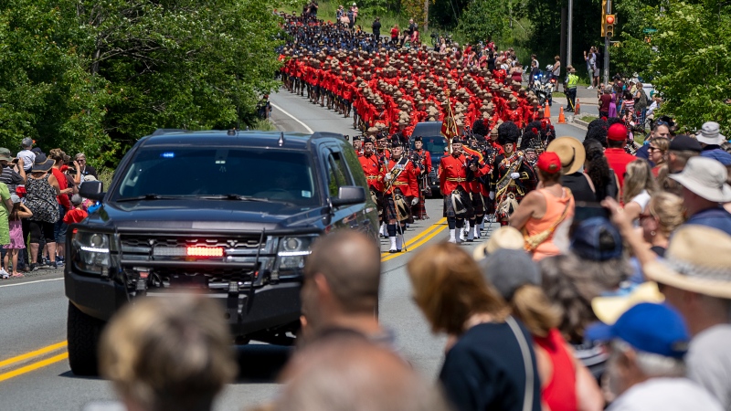 Police officers head to an RCMP regimental memorial service for Const. Heidi Stevenson, killed in the line of duty during the April 2020 mass murders in rural Nova Scotia in April 2020, in Dartmouth on Wednesday, June 29, 2022. Gabriel Wortman, dressed as an RCMP officer and driving a replica police cruiser, murdered 22 people. THE CANADIAN PRESS/Andrew Vaughan