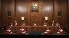 Justices of the Supreme Court pose for a photo sitting in the Supreme Court following a welcoming ceremony, Oct. 28, 2021 in Ottawa. THE CANADIAN PRESS/Adrian Wyld