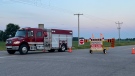 A South Huron fire truck leaving the scene of a fatal crash involving a cyclist on Crediton Road south of Exeter, June 30, 2022. (Kristylee Varley/CTV News London)
