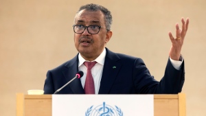 Tedros Adhanom Ghebreyesus, Director General of the World Health Organization (WHO) delivers his speech after his reelection, during the 75th World Health Assembly at the European headquarters of the United Nations in Geneva, Switzerland, Tuesday, May 24, 2022. (Salvatore Di Nolfi/Keystone via AP)