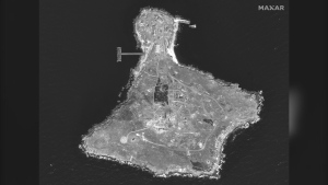 A satellite overview of Snake Island, in the Black Sea, on June 21, 2022. (Maxar Technologies via AP) 
