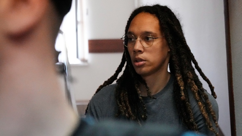 Brittney Griner is escorted to a courtroom outside Moscow, Russia, on June 27, 2022. (Alexander Zemlianichenko / AP) 