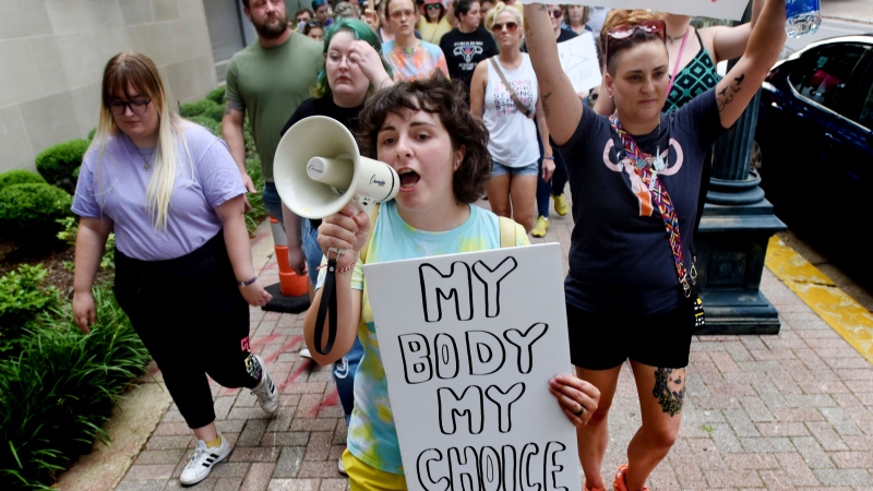 Nichole Duvall protests the the Supreme Court decision to overturn Roe v. Wade Friday, June 24, 2022 the Caddo Parish Courthouse in Shreveport, La. (Henrietta Wildsmith /The Shreveport Times via AP)