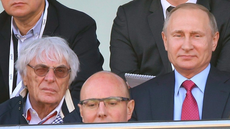 Bernie Ecclestone, left, and Russia's President Vladimir Putin watch the Formula One Russian Grand Prix in Sochi, Russia, on May 1, 2016. (AP Photo/Denis Tyrin) 