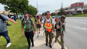 Canadian Forces veteran James Topp walking in Ottawa's west end at the start of the journey to the National War Memorial. (Jeremie Charron/CTV News Ottawa)