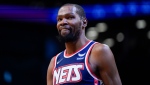 Brooklyn Nets' Kevin Durant is shown during the first half of an NBA basketball game against the Indiana Pacers at the Barclays Center, Sunday, Apr. 10, 2022, in New York. (AP Photo/Seth Wenig, File)
