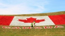 Andrew Fitton and his brother Gordon investigate a giant Canada Flag painted on a hillside at the South London Community Centre in London, Ontario, Thursday, June 30, 2011 for a Canada Day celebration. (THE CANADIAN PRESS/Dave Chidley)