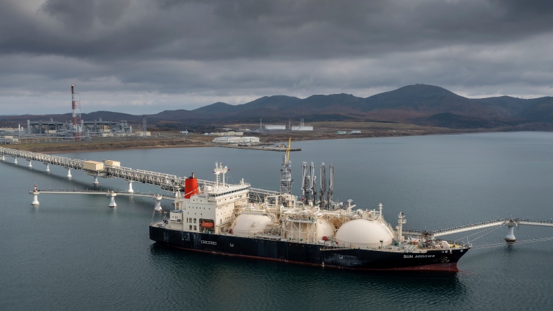 The tanker Sun Arrows loads its cargo of liquefied natural gas from the Sakhalin-2 project in the port of Prigorodnoye, Russia, on Oct. 29, 2021. 