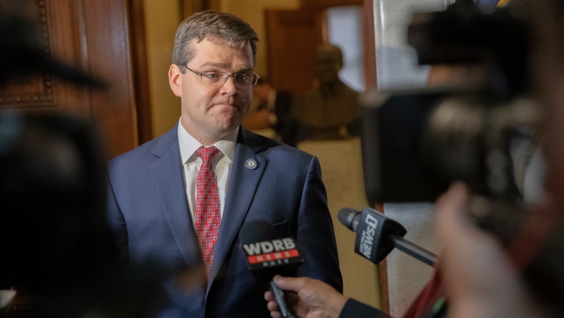S. Chad Meredith, Kentucky solicitor general, speaks to members of the media after making arguments before the Kentucky Supreme Court at the state Capitol in Frankfort, Ky., on Thursday, June 10, 2021. (Ryan C. Hermens/Lexington Herald-Leader via AP, Pool)