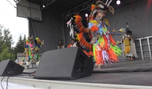 An Indigenous dance group from Manitoulin Island made up of people of all ages performed at the celebration with a strong message. (Alana Everson/CTV News Northern Ontario)