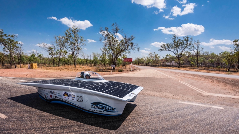 The GAMF Hungary car from Hungary competes during the first day of the 2015 World Solar Challenge near Katherine, Australia, on Sunday, Oct. 18, 2015. (AP Photo/Geert Vanden Wijngaert, File)