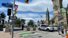 Police continue to monitor the motor vehicle control zone around downtown Ottawa and the Parliamentary Precinct on Saturday. (Josh Pringle/CTV News Ottawa)