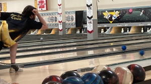A bowler takes part in the singles division at the Canadian Master Bowlers Nationals tournament in Edmonton on Saturday, July 2, 2022 (CTV News Edmonton/Brandon Lynch).