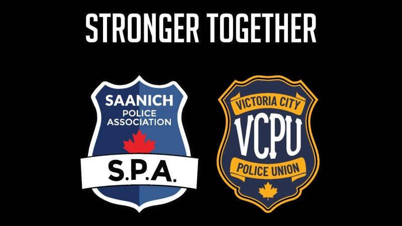 The logos of the Saanich Police Association and the Victoria City Police Union are seen in this image from their joint GoFundMe page.