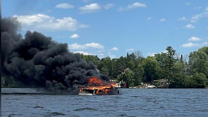 Ontario Provincial Police and Rideau Lakes Fire crews responded to a boat fire in the Rideau Ferry area on Saturday. (Ontario Provincial Police/Twitter) 