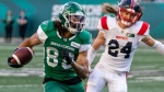 Saskatchewan Roughriders wide receiver Kian Schaffer-Baker (89) runs downfield as Montreal Alouettes defensive back Marc-Antoine Dequoy (24) tries to catch up during second half CFL football action in Regina on Saturday, July 2, 2022. THE CANADIAN PRESS/Heywood Yu 