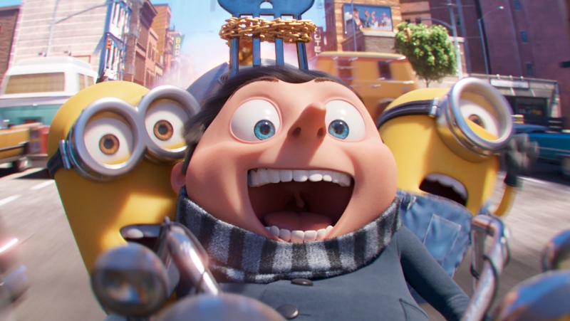 This image released by Universal Pictures shows characters, from left, Kevin, Gru, voiced by Steve Carell, and Stuart in a scene from "Minions: The Rise of Gru." (Illumination Entertainment/Universal Pictures via AP)