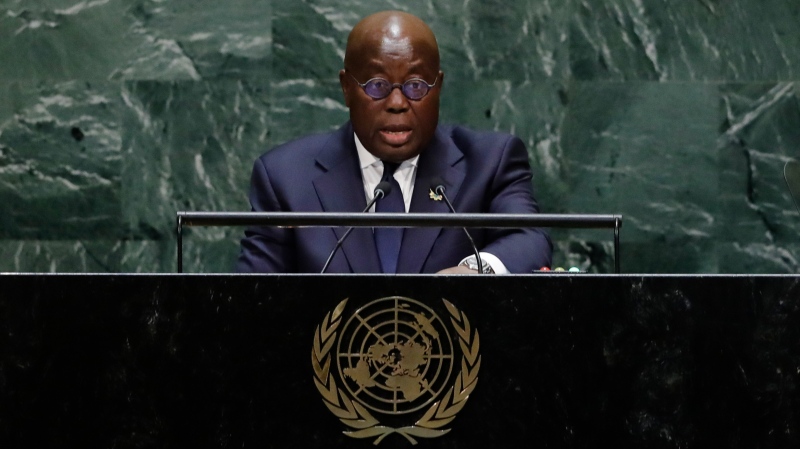 In this Sept. 25 2019 file photo, Ghana's President Nana Addo Dankwa Akufo-Addo addresses the 74th session of the United Nations General Assembly at the United Nations headquarters. (AP Photo/Frank Franklin II, file)