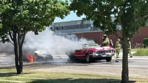 Firefighters respond to a two-car crash on Lorne Avenue West in Stratford, Ont. on June 28, 2022. (Submitted: Taylor Tessier)
